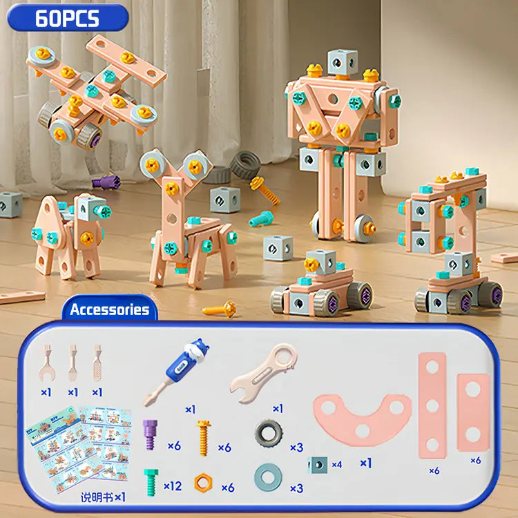 【60/103/144 peças】🌈Brinquedos de parafuso DIY: brinquedos educativos com blocos de construção simples, brinquedos, caixas de ferramentas e berbequins elétricos