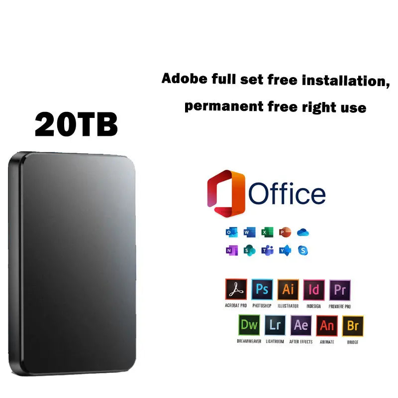 【Letzter Tag 50% Rabatt-Aktion】 20 TB mobile Festplatte mit Hoher Kapazität + kostenloses Original Office + Adobe Suite