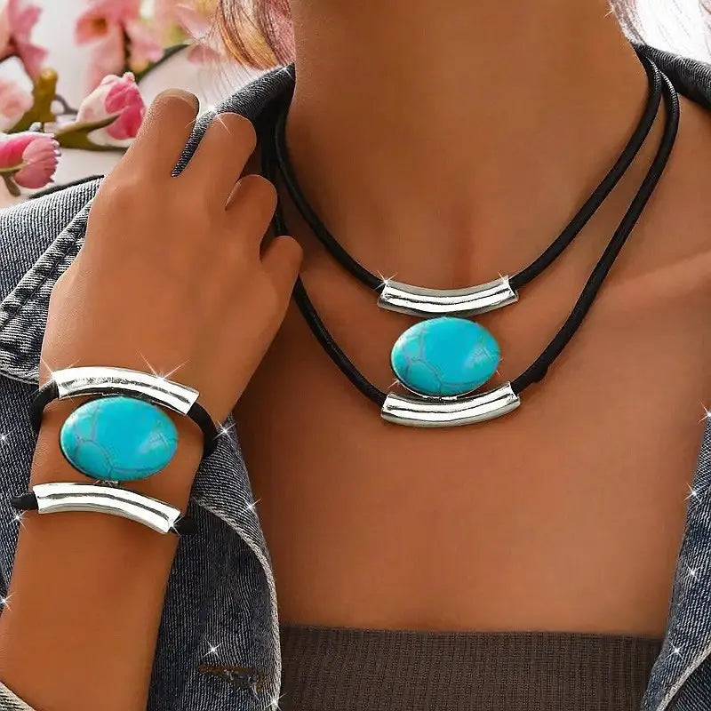 ✨🔥Conjunto de colar e pulseira com pedras preciosas em estilo boémio