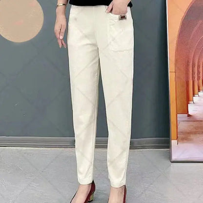 🎁【M-6XL】Calça casual versátil de cor sólida e microelástica de tamanho grande
