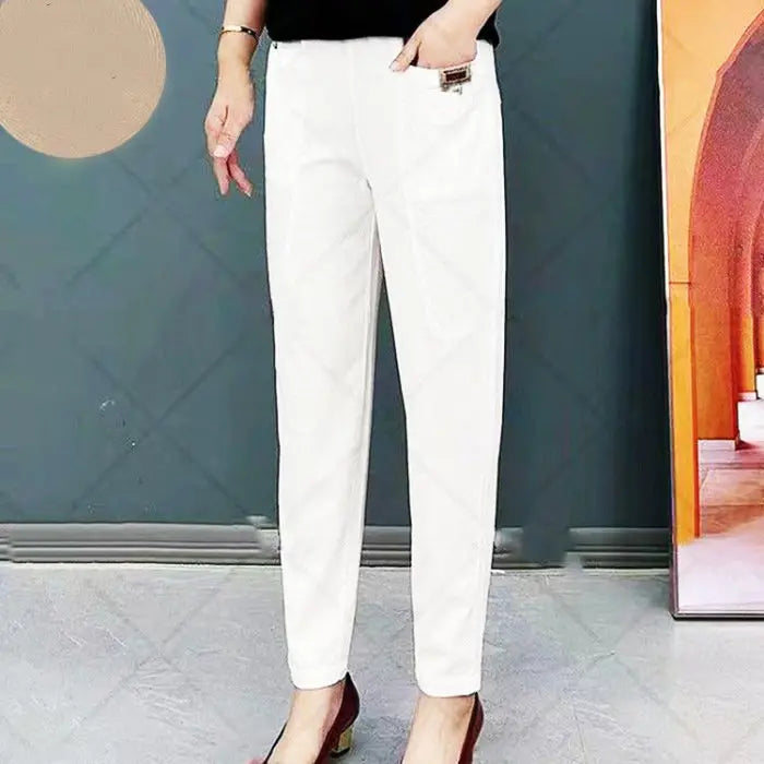 🎁【M-6XL】Calça casual versátil de cor sólida e microelástica de tamanho grande