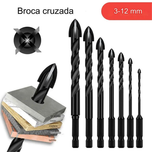 🔥【7 pezzi/3-12 mm】Punta da trapano in lega ceramica a quattro taglienti con gambo esagonale antiscivolo ✅Foratura di piastre vetrificate ✅Piastre ✅Lega di vetro
