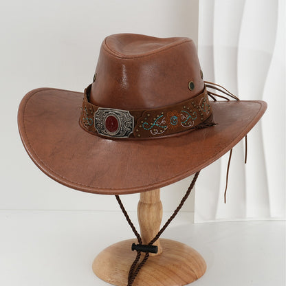 🤠Kovový rubínový vzor s vyšívanými kvetmi Kovbojský klobúk z PU kože 