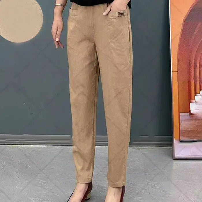 🎁【M-6XL】Calça casual versátil de cor sólida e microelástica de tamanho grande