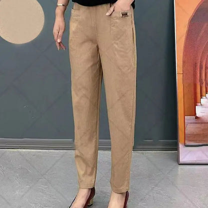 🎁【M-6XL】Calça casual versátil de cor sólida e microelástica de tamanho grande