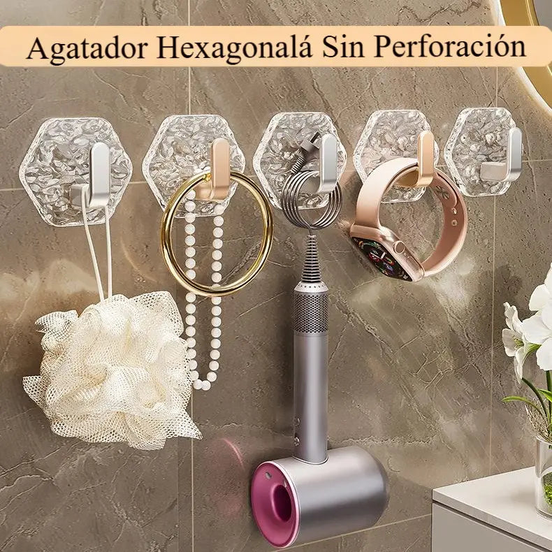 💥🏆【10/20/30 pezzi】Appendiabiti esagonali senza foratura. 💎 Design elegante con texture iceberg: facile da incollare, supporto forte, nessuna traccia 🛁