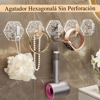 💥🏆【10/20/30 pezzi】Appendiabiti esagonali senza foratura. 💎 Design elegante con texture iceberg: facile da incollare, supporto forte, nessuna traccia 🛁