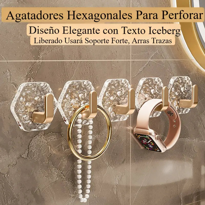 💥🏆【10/20/30 pezzi】Appendiabiti esagonali senza foratura. 💎 Design elegante con texture iceberg: facile da incollare, supporto forte, nessuna traccia 🛁