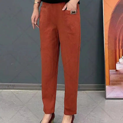🎁【M-6XL】Calça casual versátil de cor sólida e microelástica de tamanho grande