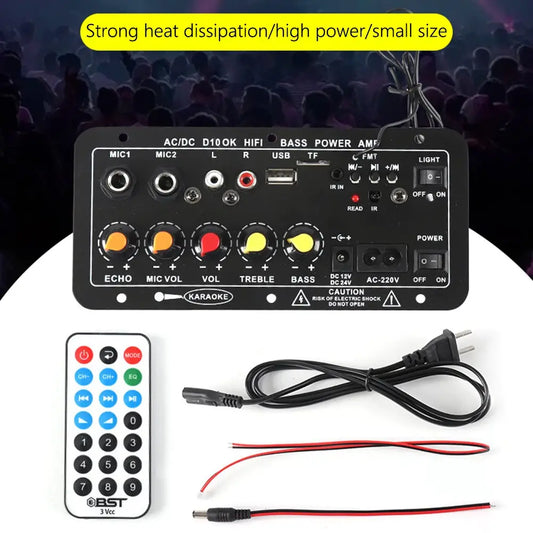 Placa amplificadora DSP Bluetooth 12V/24V com display e slot TF/USB para sistemas automóveis.