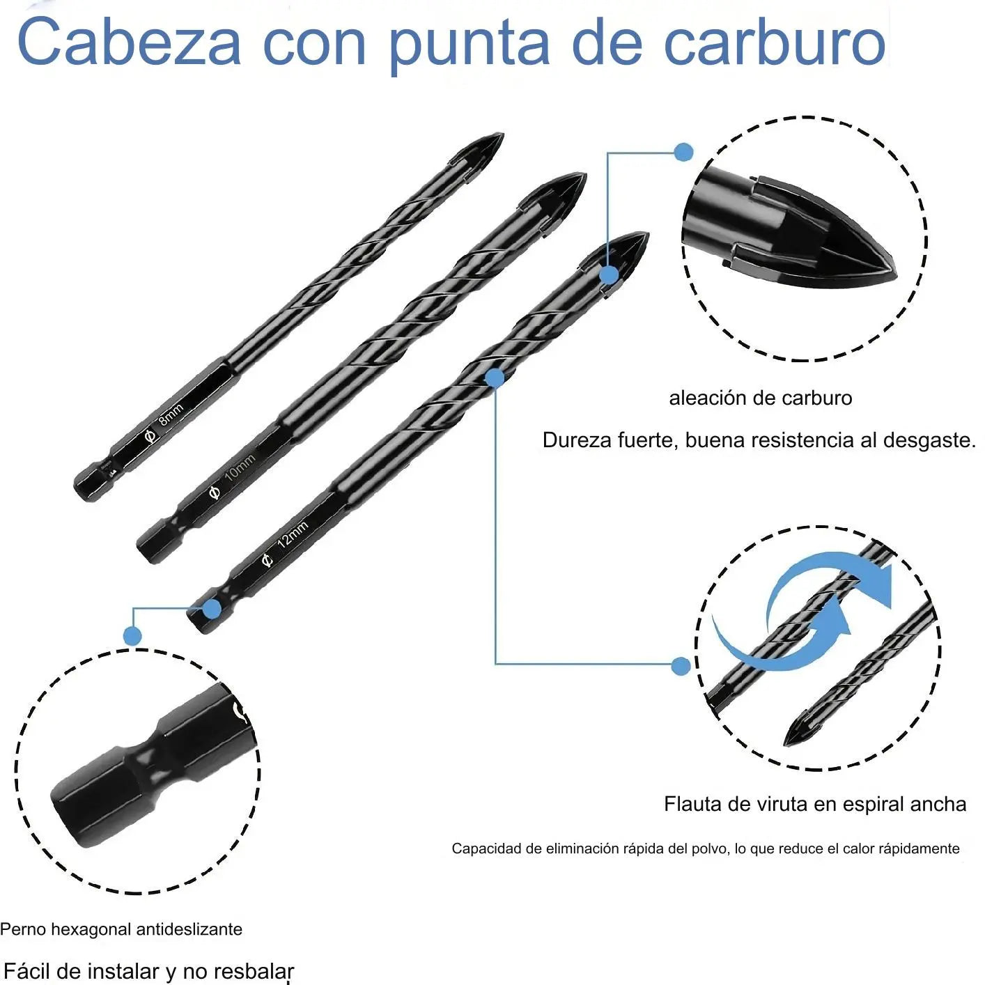 🔥【7 pezzi/3-12 mm】Punta da trapano in lega ceramica a quattro taglienti con gambo esagonale antiscivolo ✅Foratura di piastre vetrificate ✅Piastre ✅Lega di vetro
