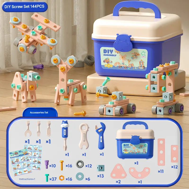 【60/103/144 peças】🌈Brinquedos de parafuso DIY: brinquedos educativos com blocos de construção simples, brinquedos, caixas de ferramentas e berbequins elétricos