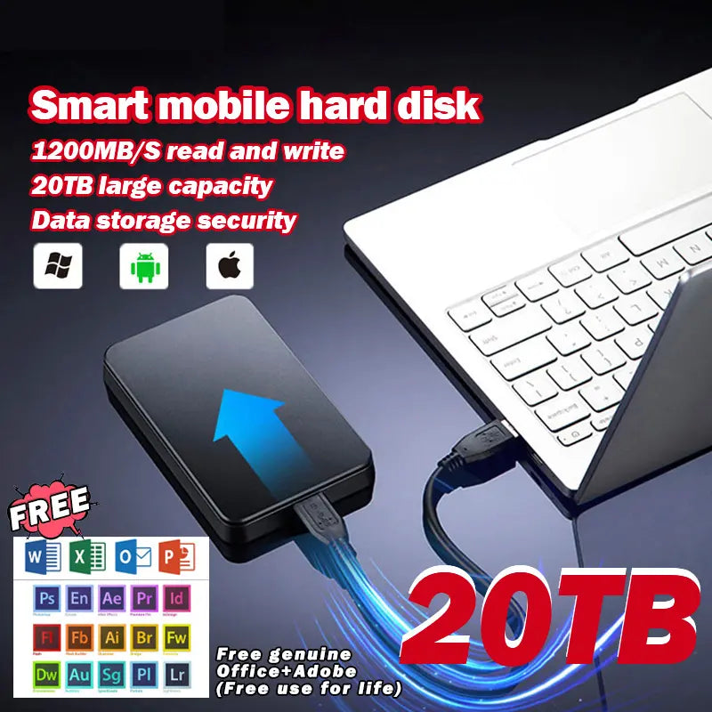 【Letzter Tag 50% Rabatt-Aktion】 20 TB mobile Festplatte mit Hoher Kapazität + kostenloses Original Office + Adobe Suite