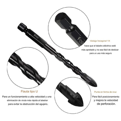🔥【7 pezzi/3-12 mm】Punta da trapano in lega ceramica a quattro taglienti con gambo esagonale antiscivolo ✅Foratura di piastre vetrificate ✅Piastre ✅Lega di vetro