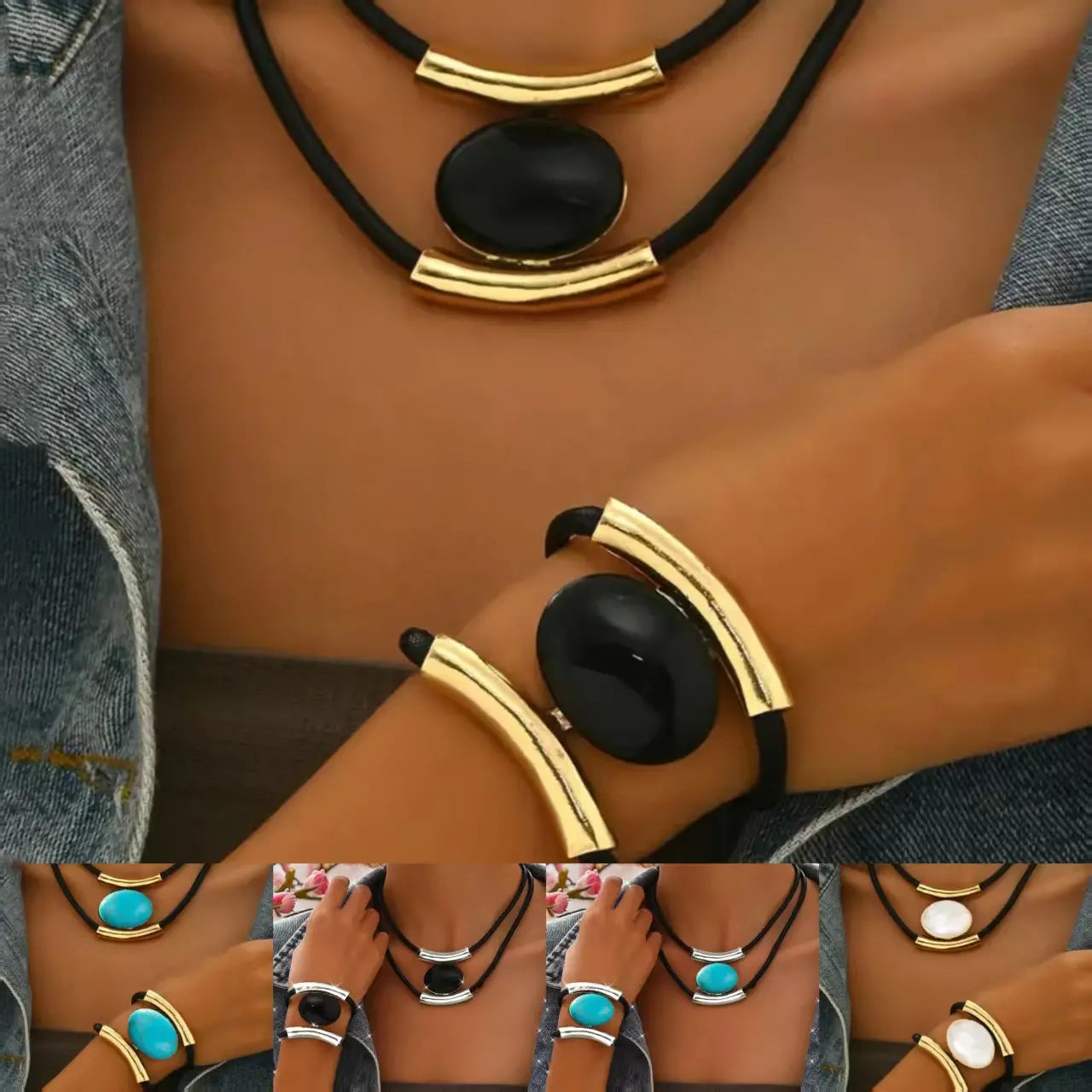 ✨🔥Conjunto de colar e pulseira com pedras preciosas em estilo boémio