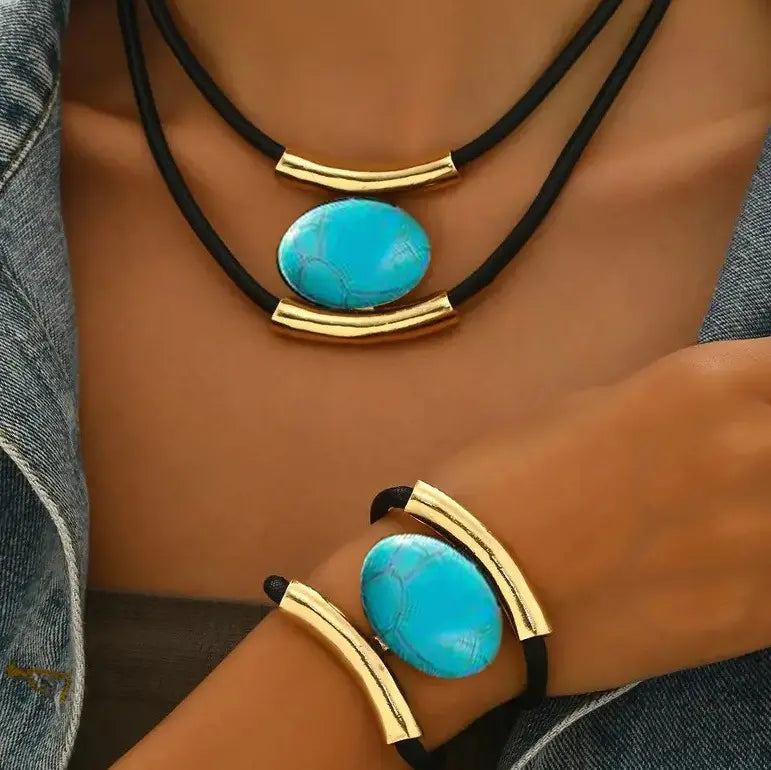 ✨🔥Conjunto de colar e pulseira com pedras preciosas em estilo boémio